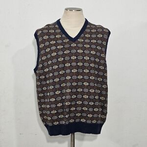 Vintage Lands' End Men's V-Neck Sweater Vest - Navy and Brown Pattern Wool